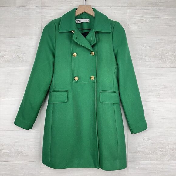 Zara Buttoned Tailored Coat XS Kelly Green Double Breasted Blogger Favorite - Picture 13 of 16